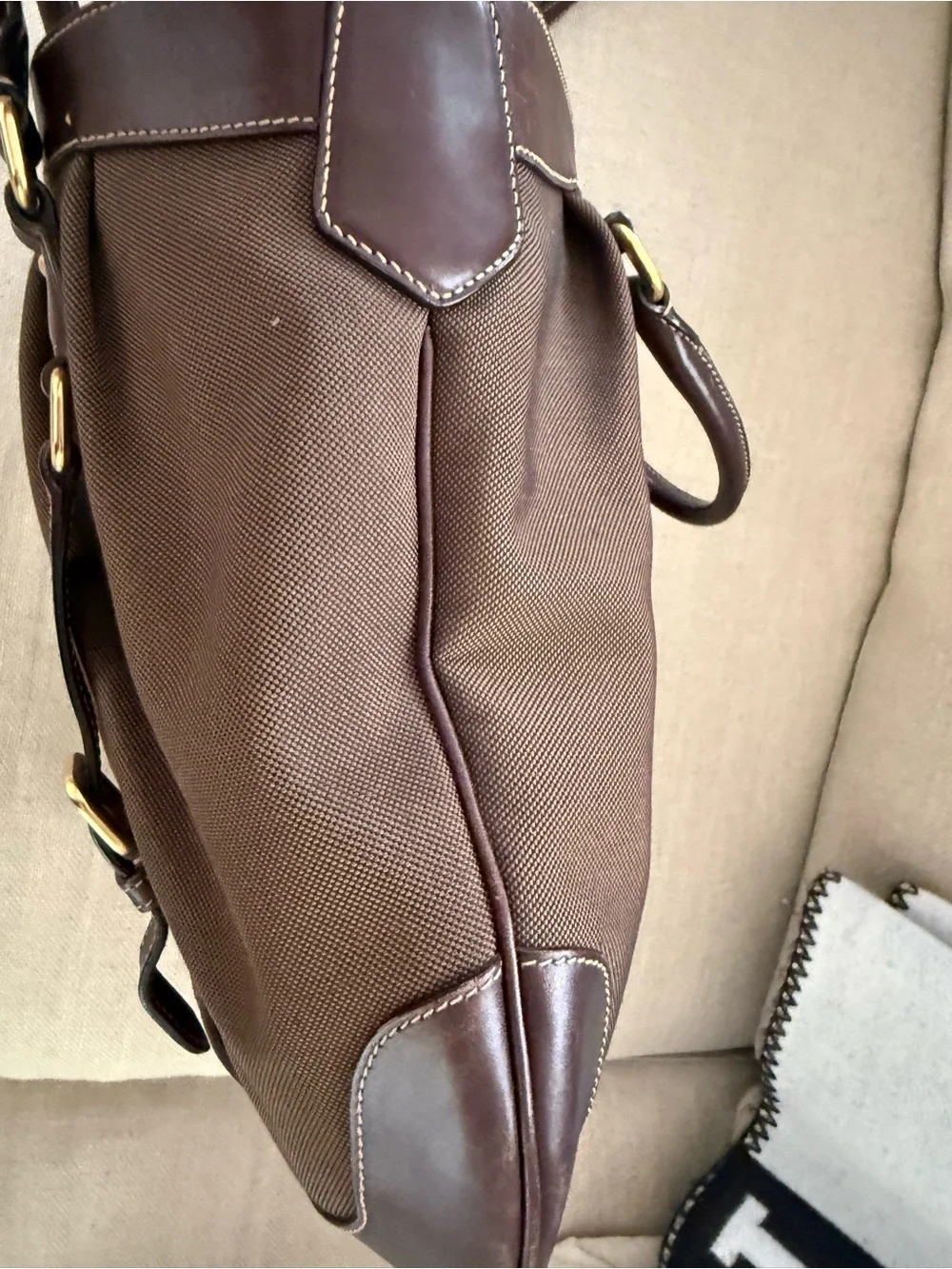 Prada Brown Canvas and Dark Brown Leather Crossbody Tote with Gold Hardware